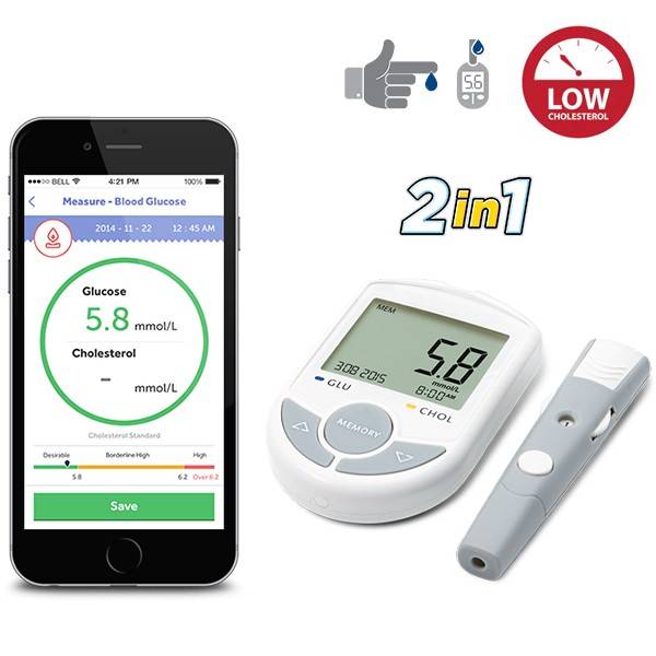 Medidor de glicose no sangue e colesterol 2 em 1 conectado ao smartphone