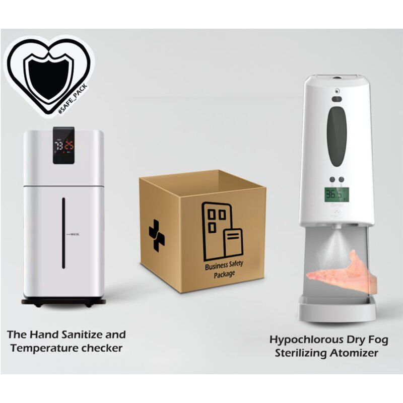 SAFEBIZPACK-1.3: Hand Sanitizer Dispenser & Temperature checker + Hypochlorous Dry Frog Sterilizing Atomizer + 500 mask pack pic utama
