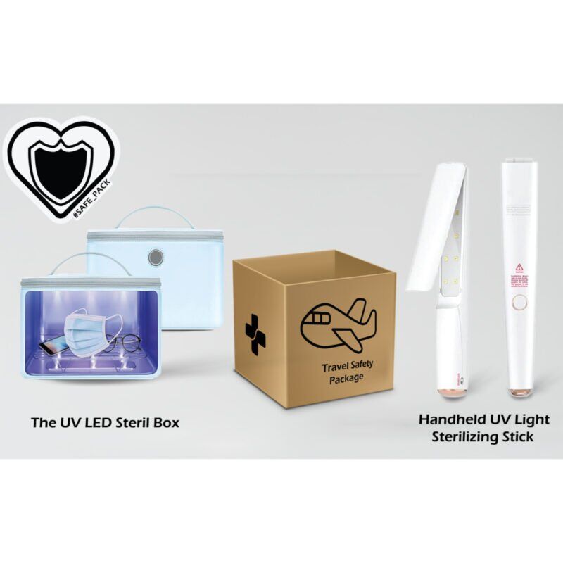 SAFETRAVELPACK-1.5: Handheld UV Light Sterilizing Stick + UV LED Sterilizer Box